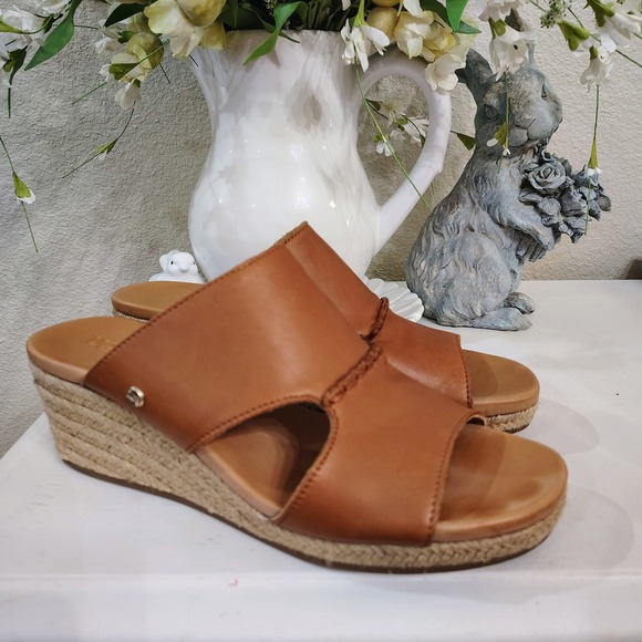 UGG Shoes - UGG Eirene Espadrille Wedge Sandals Women 10 Brown Leather Jute Boho Chic Resort